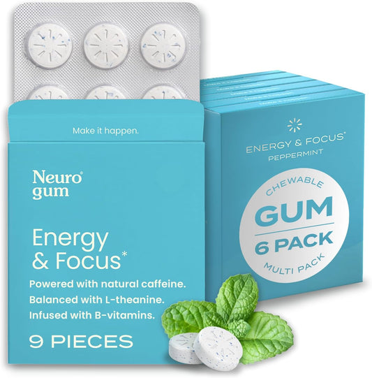 Energy Caffeine Gum (54 Pieces) - Sugar Free with L-Theanine + Caffeine + Vitamin B12 & B6 - Nootropic Energy & Focus Supplement for Women & Men - Peppermint Flavor (Packaging May Vary)